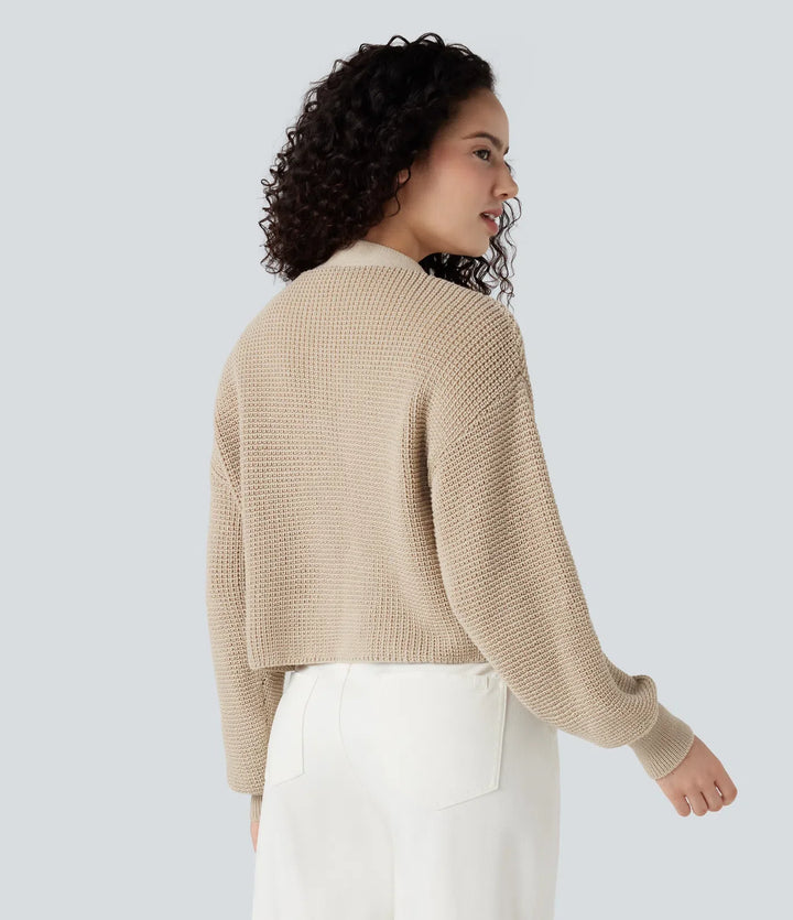 V-neck Long Sleeve Waffle Casual Cardigan