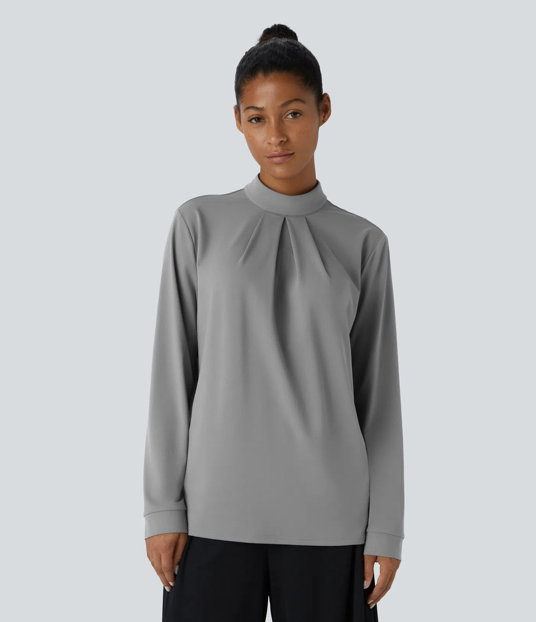 Stand Collar Button Back Long Sleeve Work Blouse