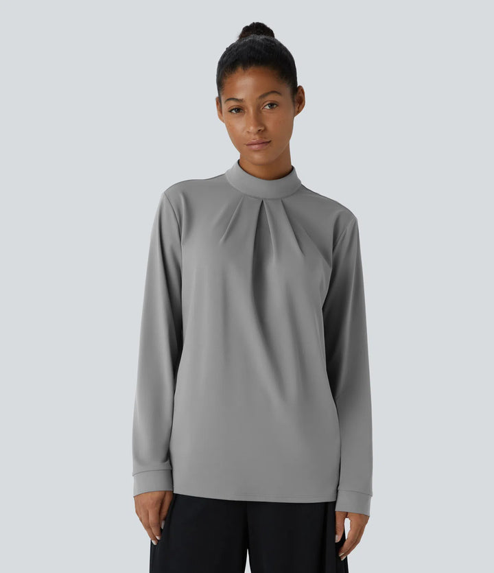 Stand Collar Button Back Long Sleeve Work Blouse