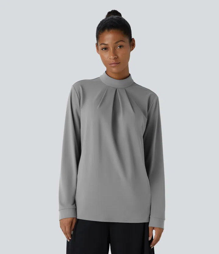 Stand Collar Button Back Long Sleeve Work Blouse