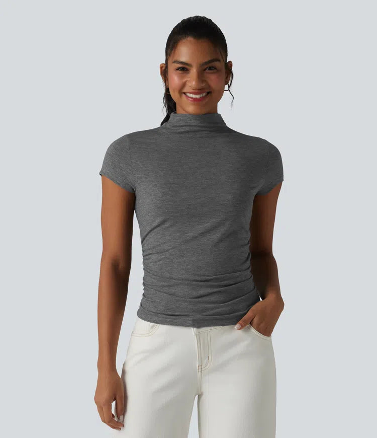 Mock-neck Short Sleeve Ruched Casual T-Shirt