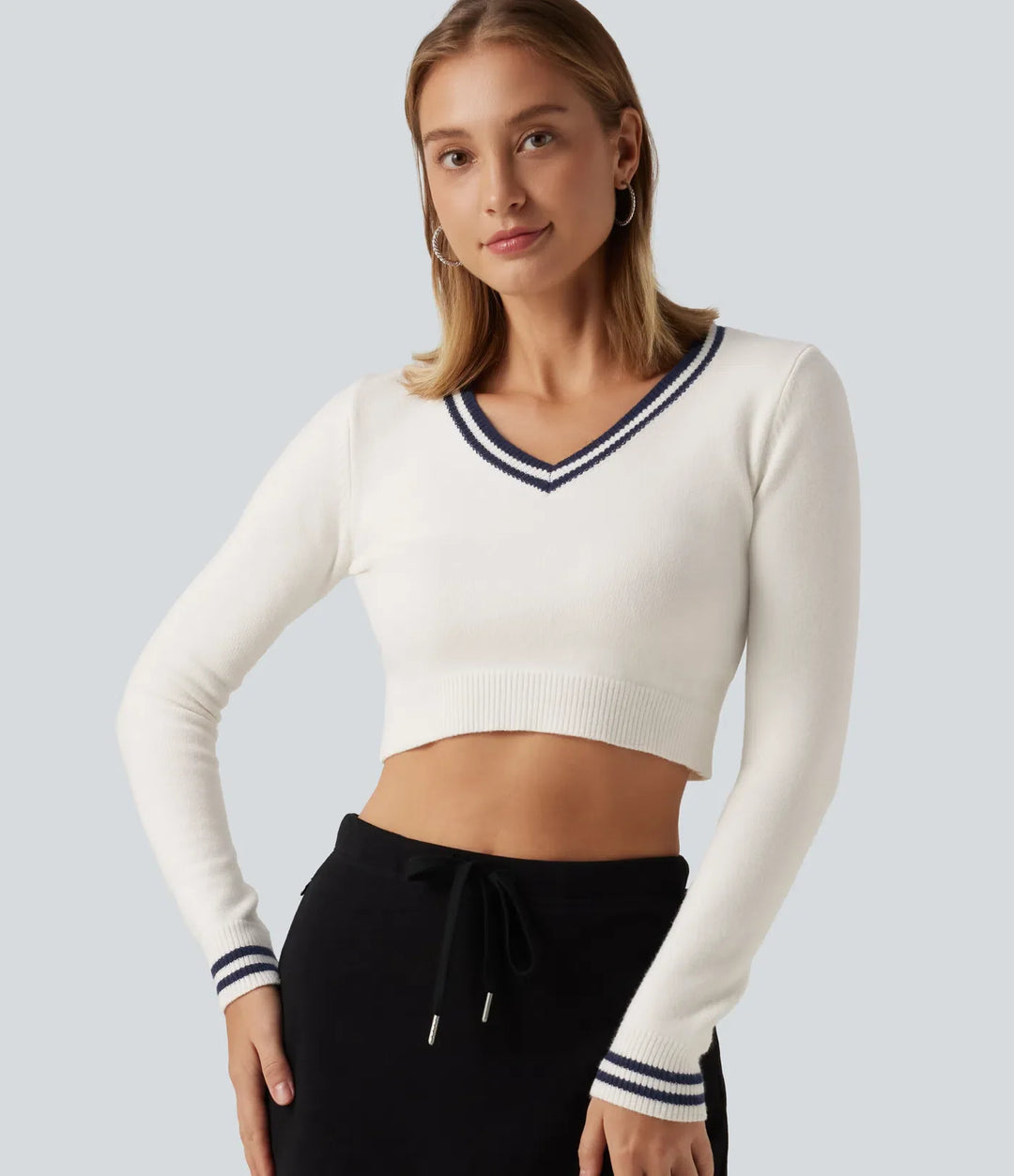 V Neck Slim Long Sleeve Patterned Casual Cropped Jumper