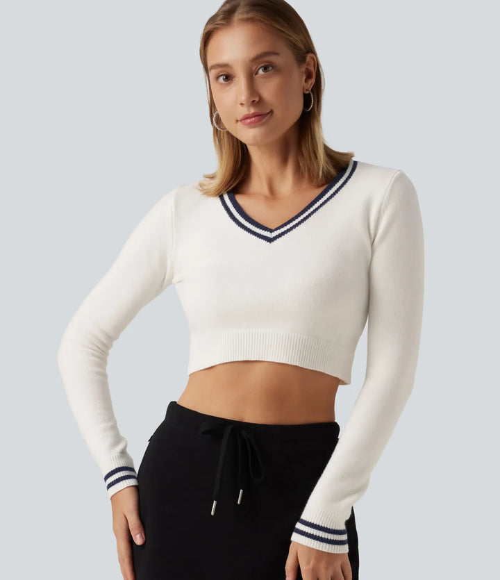 V Neck Slim Long Sleeve Patterned Casual Cropped Jumper