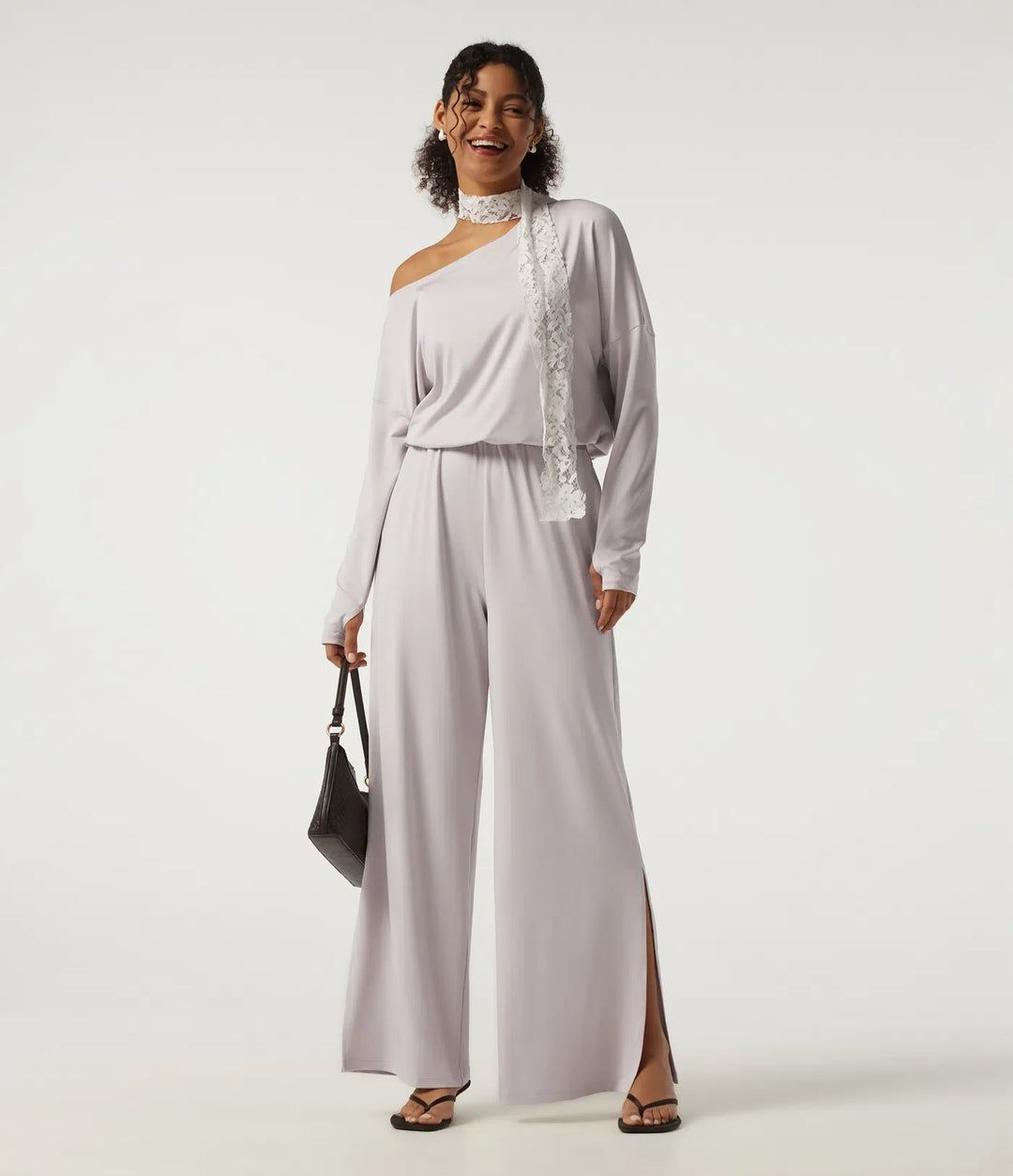 One Shoulder Long Sleeve Wide Leg Casual Jumpsuit with Built-in Bra and Pockets -Easy Peezy Edition