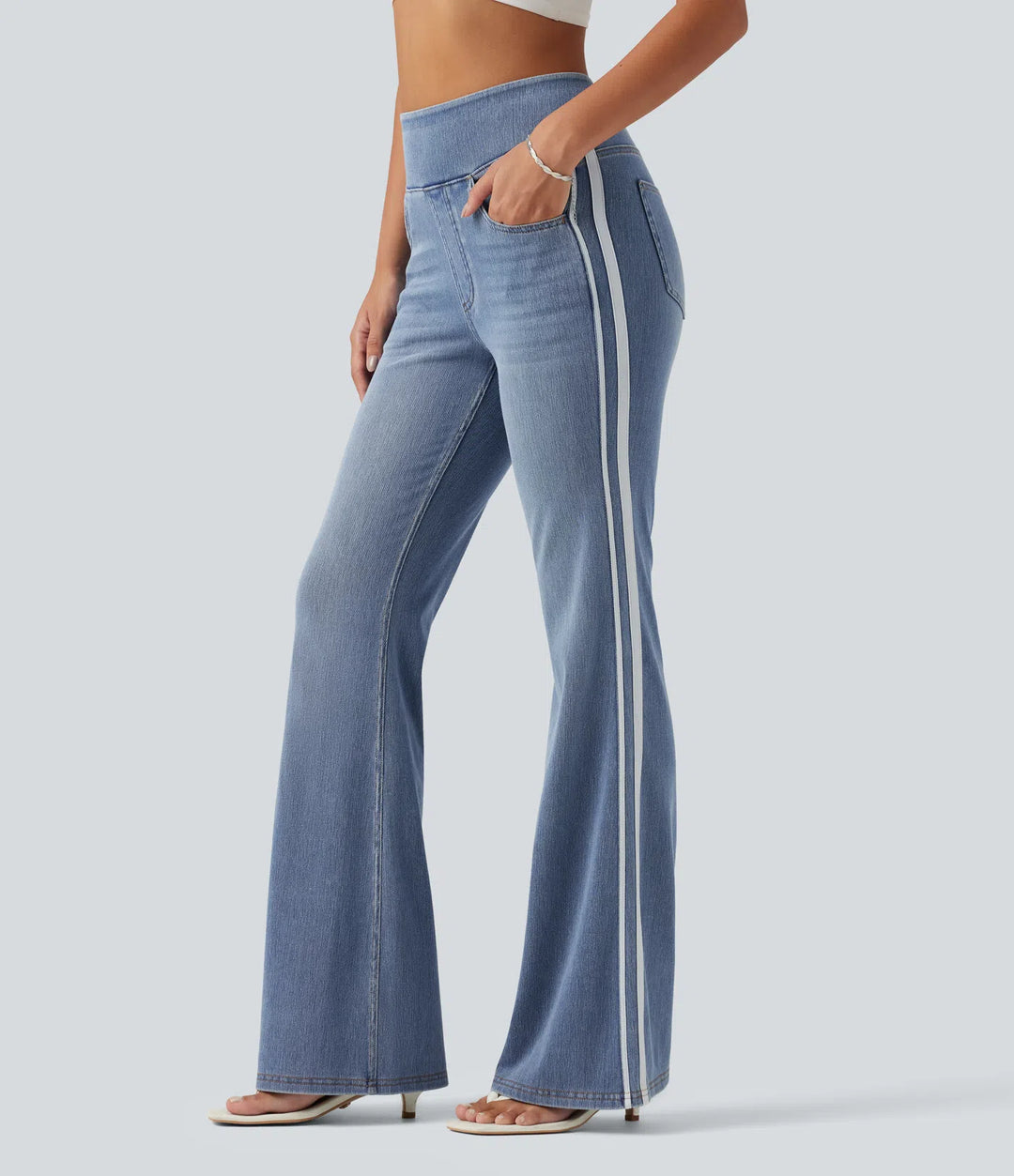 Halara Flex High Waisted Stripe Flare Washed Casual Jeans with Pockets