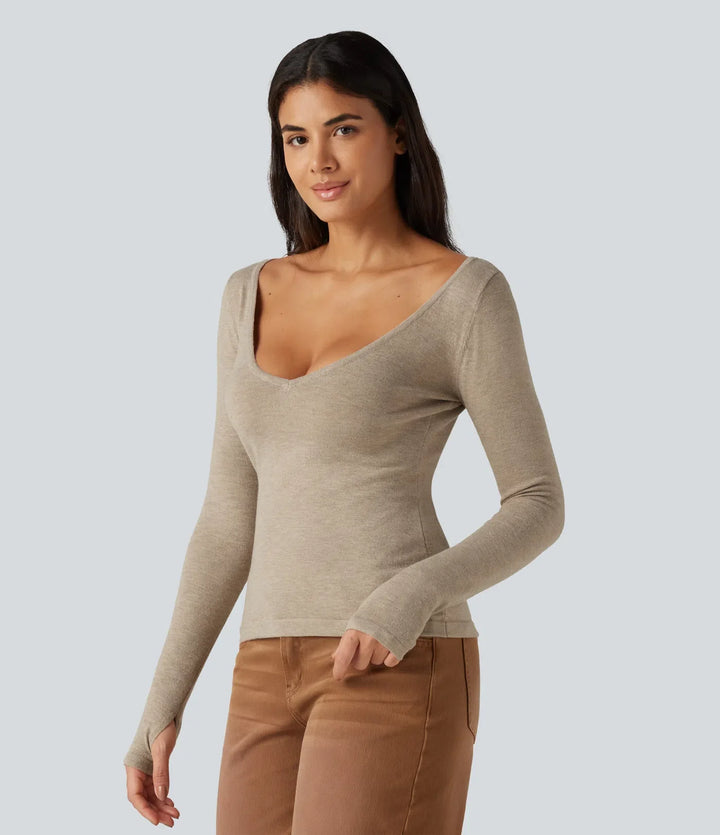 V Neck Long Sleeve Slim Casual Jumper