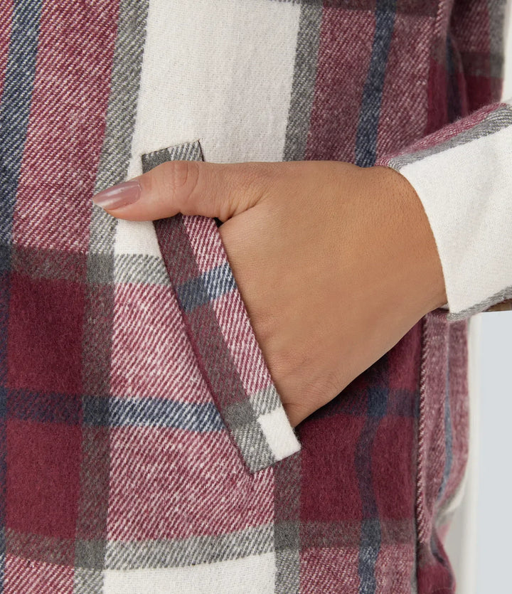 Hooded Drawstring Pocket Plaid Thermal Casual Jacket