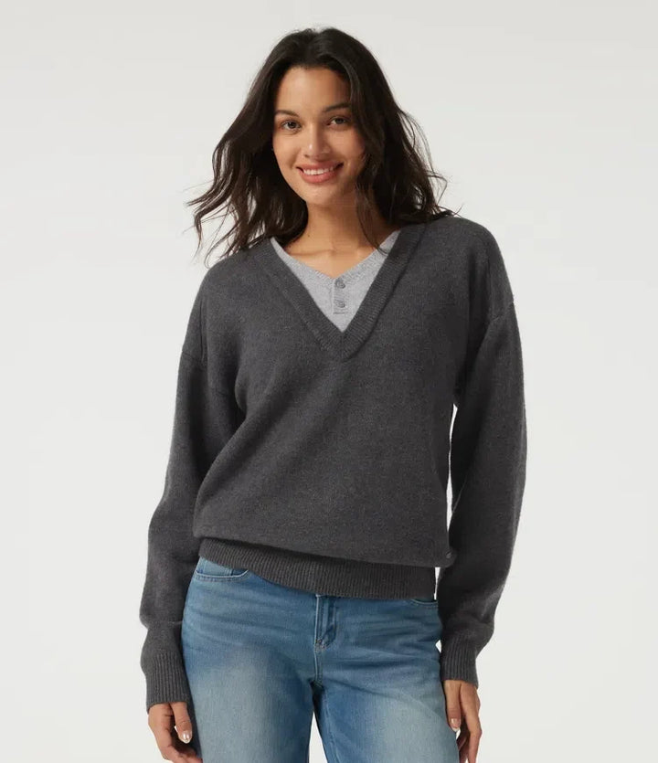 V Neck Dropped Shoulder Long Sleeve 2-in-1 Casual Jumper