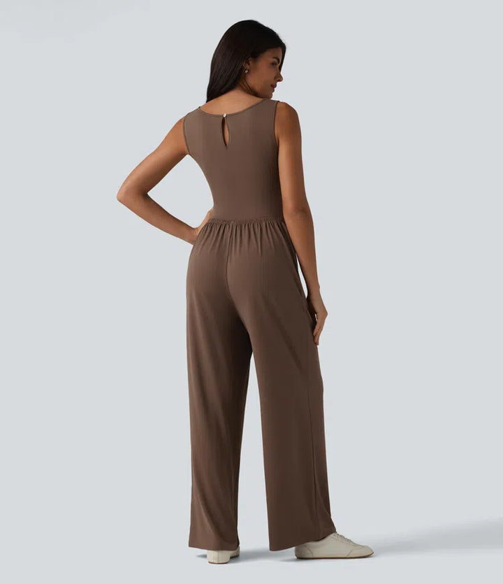Boat Neck Sleeveless Ruched Wide Leg Casual Dungarees with Pockets-Easy Peezy Edition