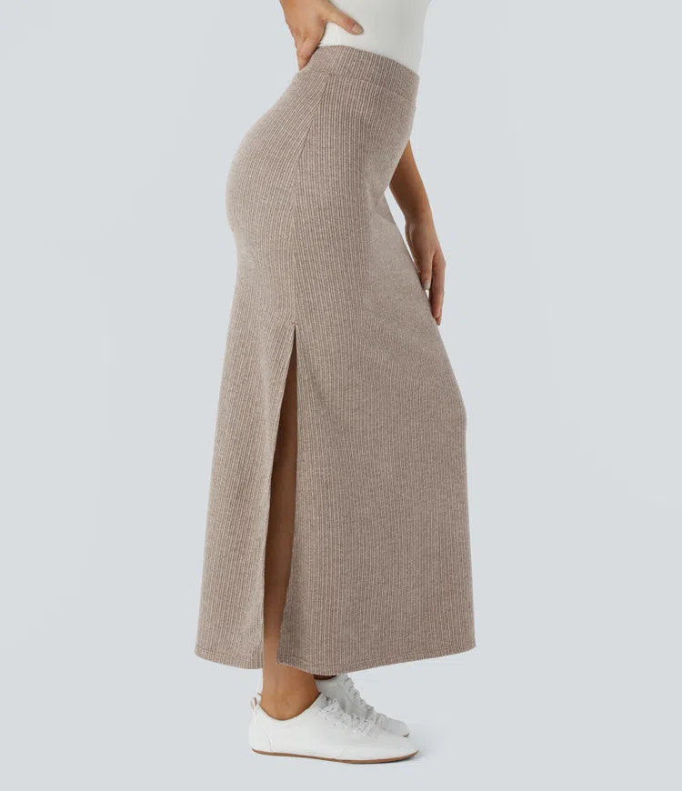 Ribbed High Waisted Hem A Line Maxi Fleece Casual Skirt