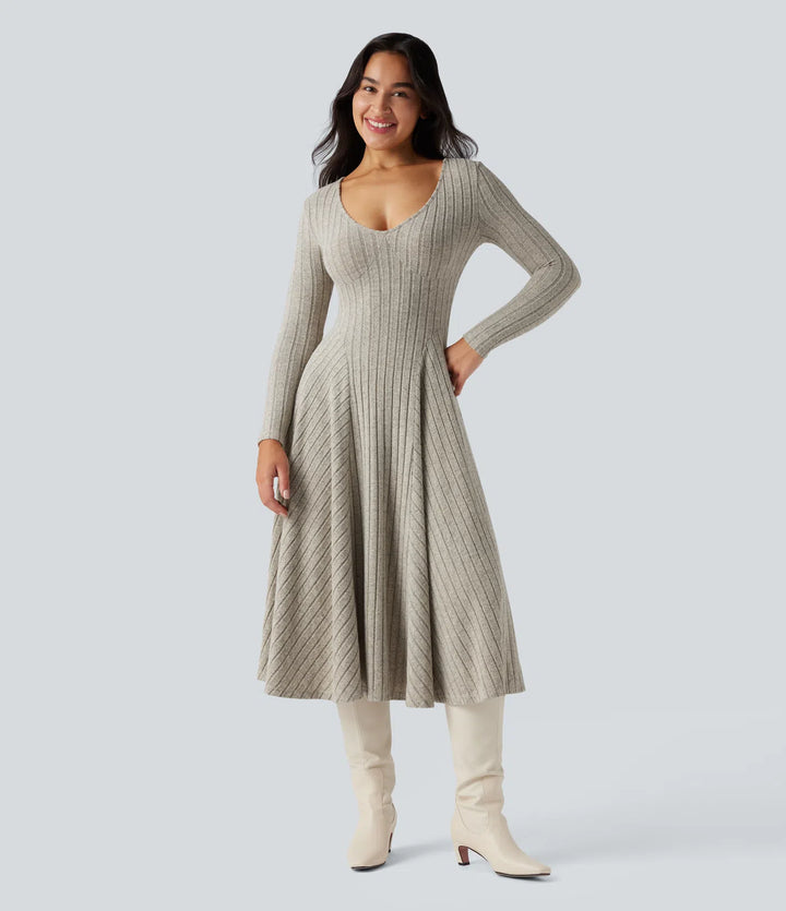 Ribbed Knit V Neck Long Sleeve Flare Midi Casual Dress