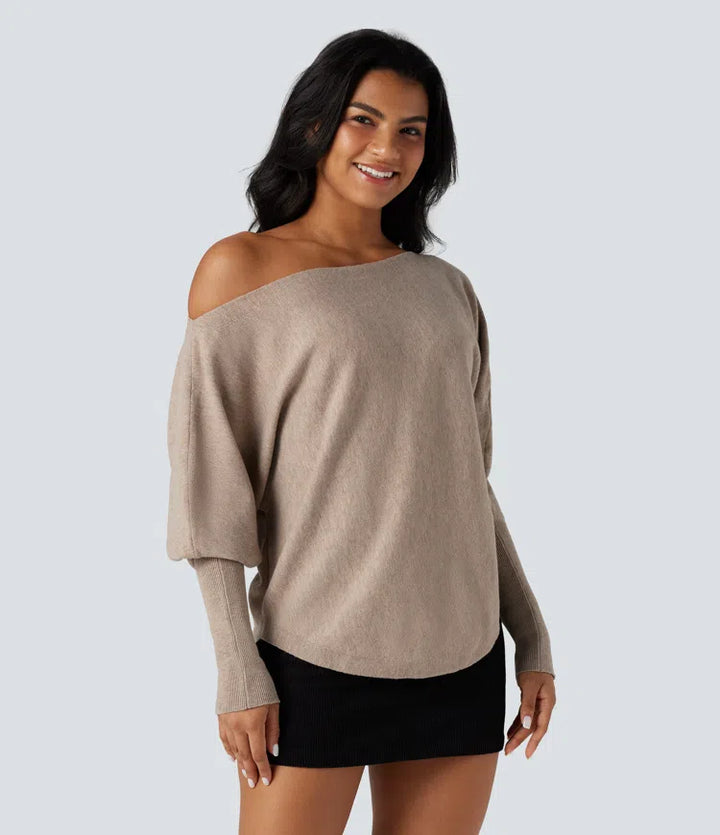 One-shoulder Batwing Sleeve Curved Hem Work Jumper