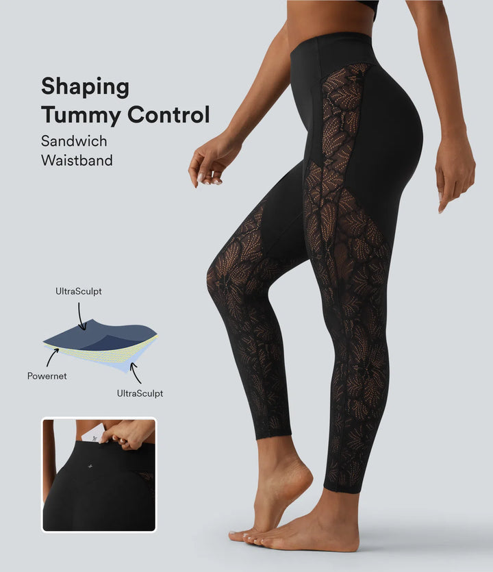 Halara UltraSculpt High Waisted Tummy Control Contrast Lace Yoga 7/8 Leggings with Pocket