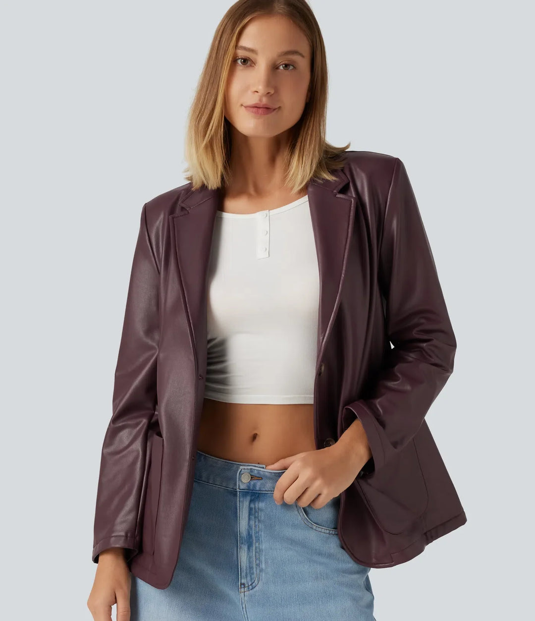 Notched Collar Long Sleeve PU Casual Blazer with Pockets