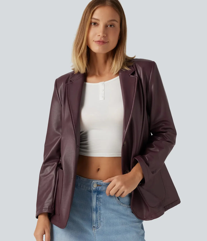 Notched Collar Long Sleeve PU Casual Blazer with Pockets