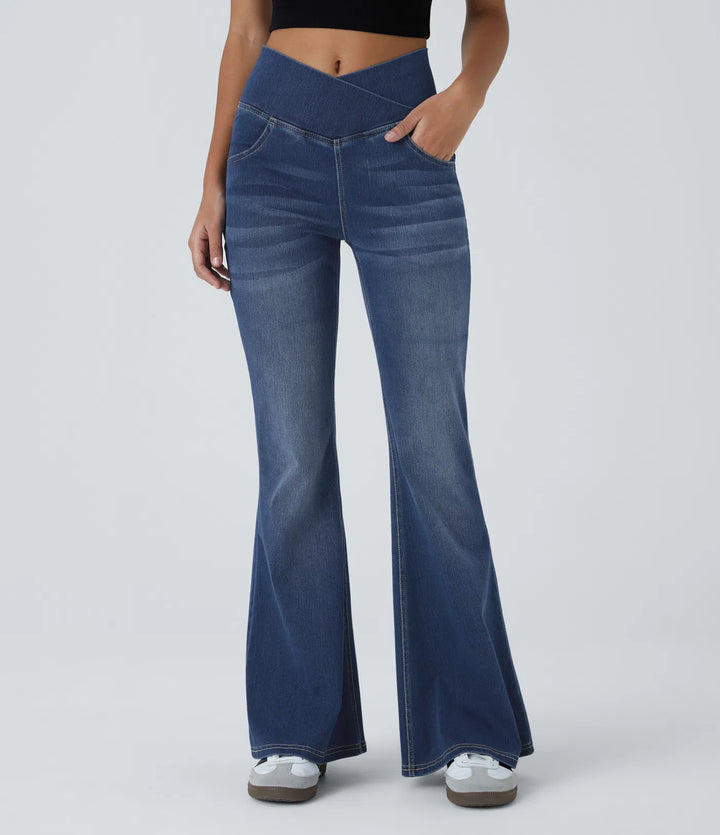 Halara Flex High Waisted Crossover Pocket Washed Casual Flared Jeans