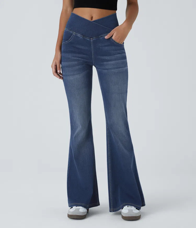Halara Flex High Waisted Crossover Pocket Washed Casual Flared Jeans