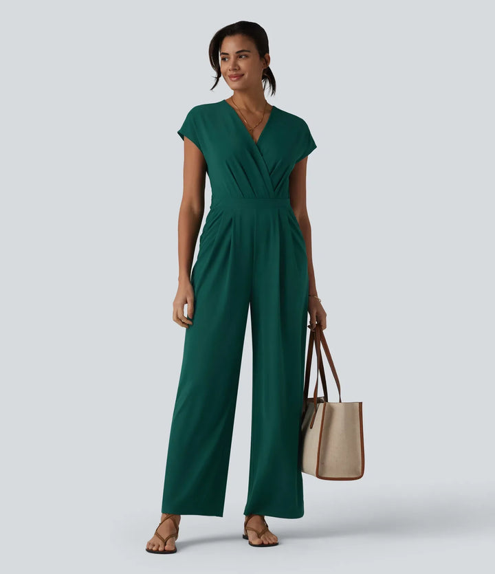 V-neck Short Sleeve Crossover Tie Pleated Work Jumpsuit with Pockets-Easy Peezy