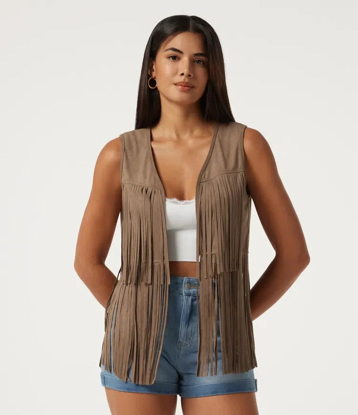 V Neck Open Front Fringe Suede Casual Vest