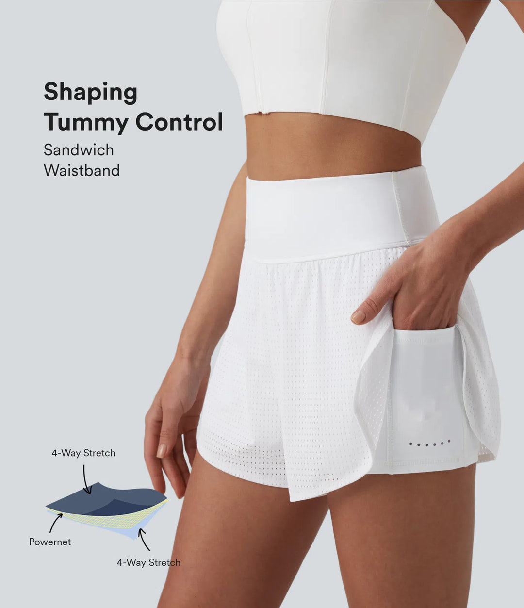 High Waisted Tummy Control Reflective Dots Crossover Curved Hem 2-in-1 Eyelet Yoga Shorts with Pockets