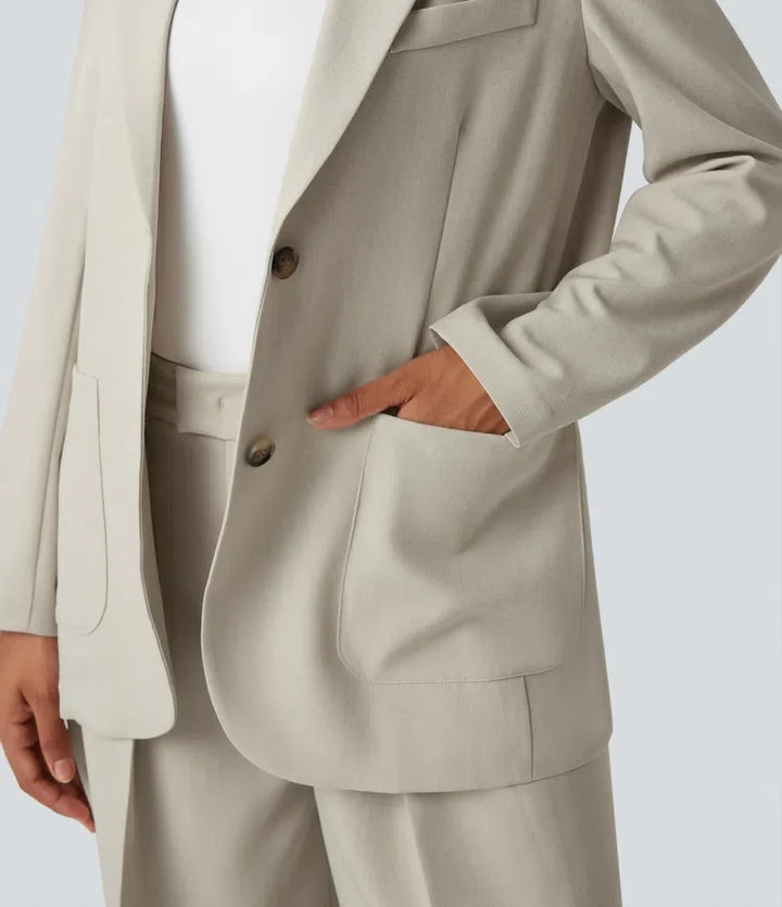 Notched Collar Long Sleeve Work Linen-Feel Blazer with Pockets