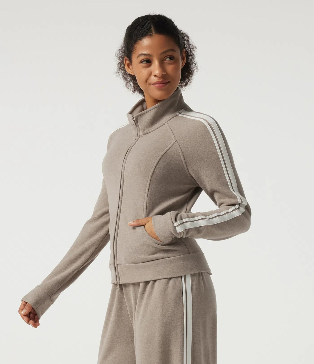 Stand Collar Raglan Long Sleeve Stripe Running Jacket with Pockets