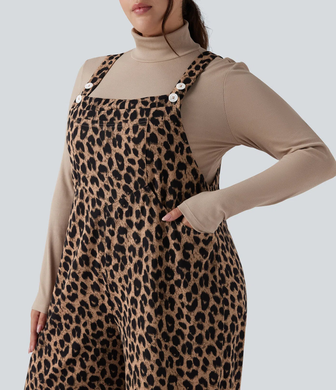 Leopard Print Waffle Casual Plus Size Dungarees with Pockets