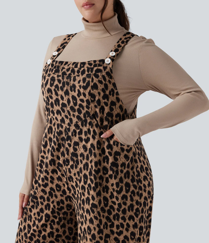 Leopard Print Waffle Casual Plus Size Dungarees with Pockets