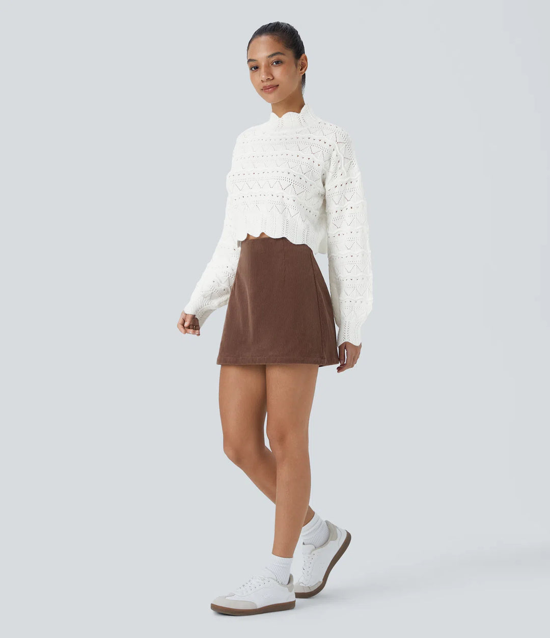 Mock Neck Bishop Sleeve Scallop Hem Open Knit Casual Jumper