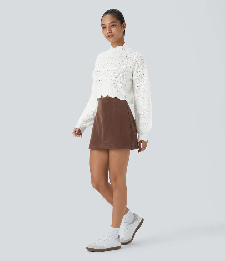 Mock Neck Bishop Sleeve Scallop Hem Open Knit Casual Jumper