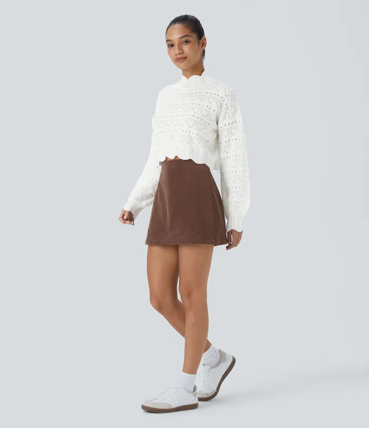 Mock Neck Bishop Sleeve Scallop Hem Open Knit Casual Jumper