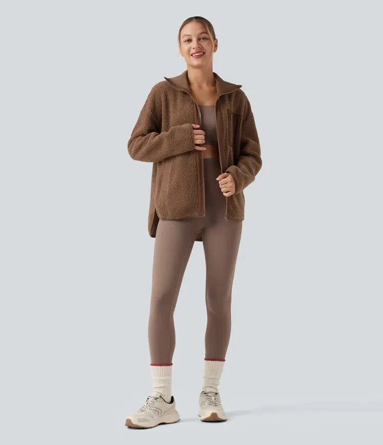 Long Sleeve High-Low Curved Hem Workout Sherpa Jacket with Pockets