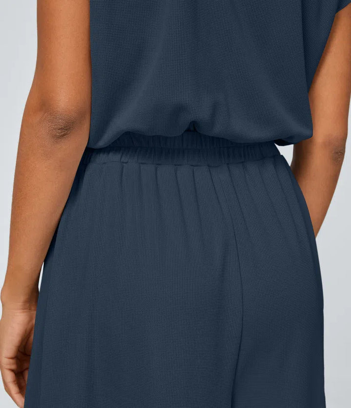 V Neck Short Sleeve Side Pocket Wide Leg Flowy Waffle Casual Jumpsuit