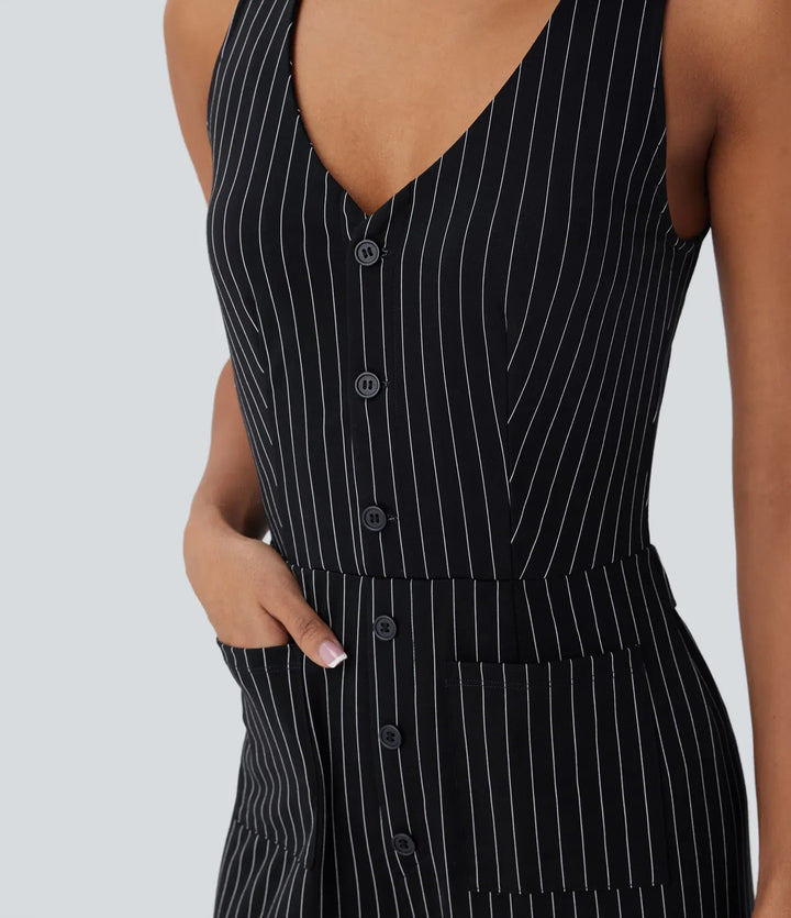 V Neck Sleeveless Cut Out Pockets Wide Leg Stripe InstantCool Work Jumpsuit