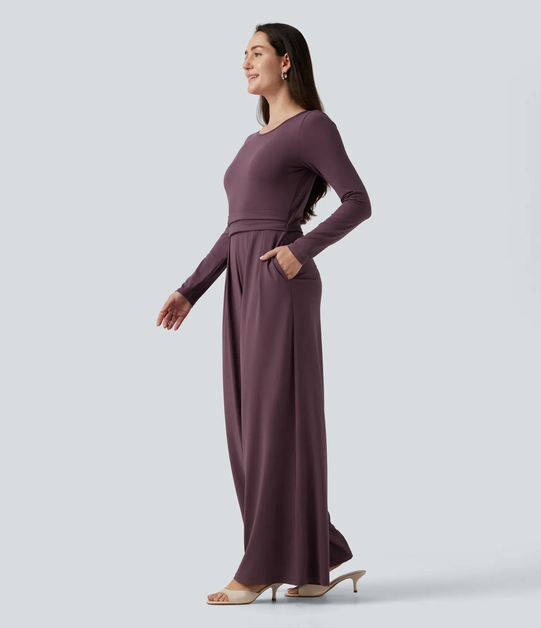 Round Neck Long Sleeve Wide Leg Casual Jumpsuit with Pockets-Easy Peezy Edition