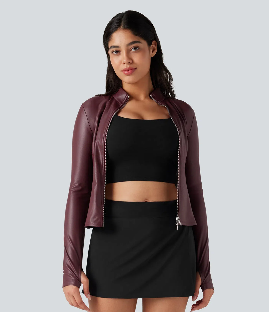 Stand Collar Long Sleeve Thumb Hole Fleece Casual PU Leather Jacket