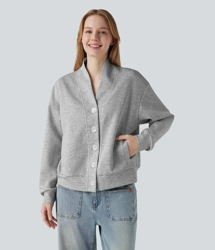 V-neck Long Sleeve Button Fly Casual Sweatshirt with Pockets