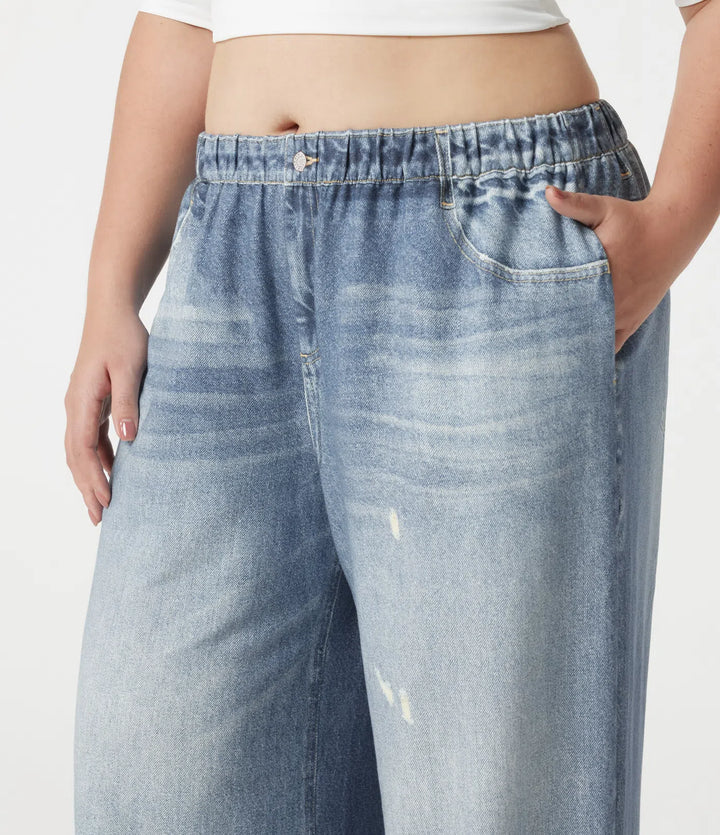Plus Size Mid Rise Denim Print French Terry Casual Sweattrousers Jeans with Pockets