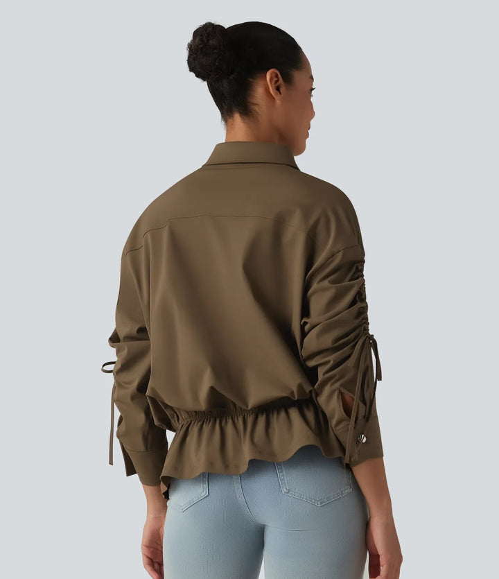 Long Sleeve Drawstring Ruffle Hem Casual Jacket with Pockets