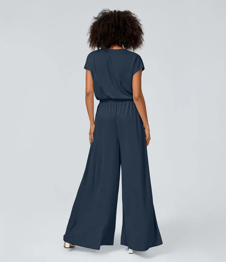 V Neck Short Sleeve Side Pocket Wide Leg Flowy Waffle Casual Jumpsuit