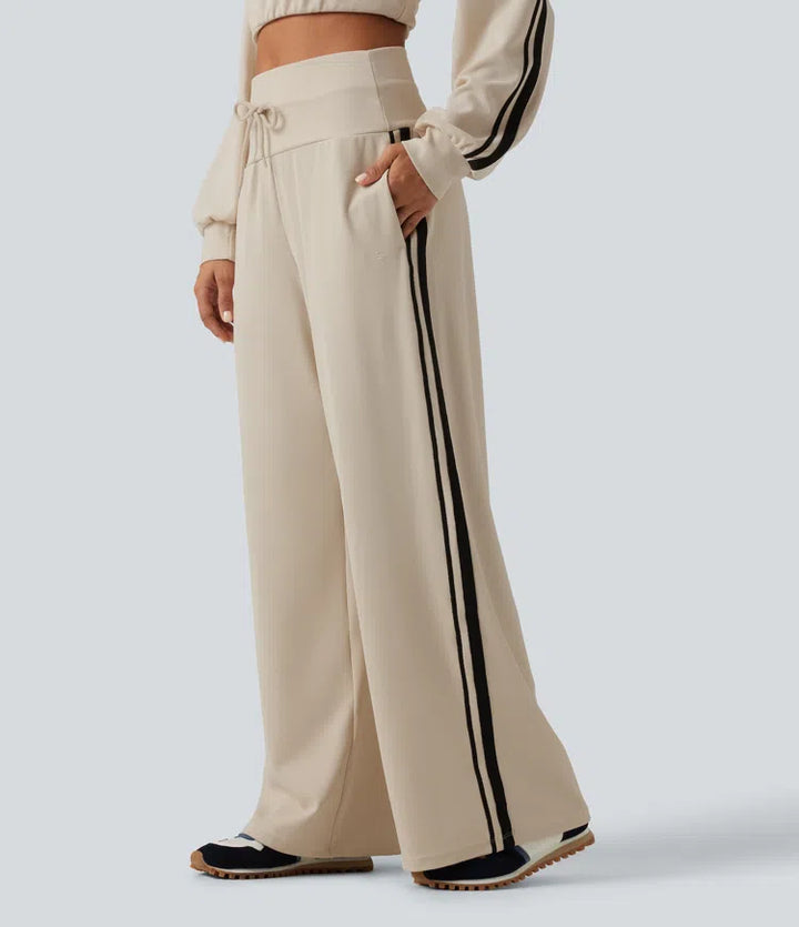 High Waisted Drawstring Wide Leg Side Stripe Waffle Casual Trousers with Pockets