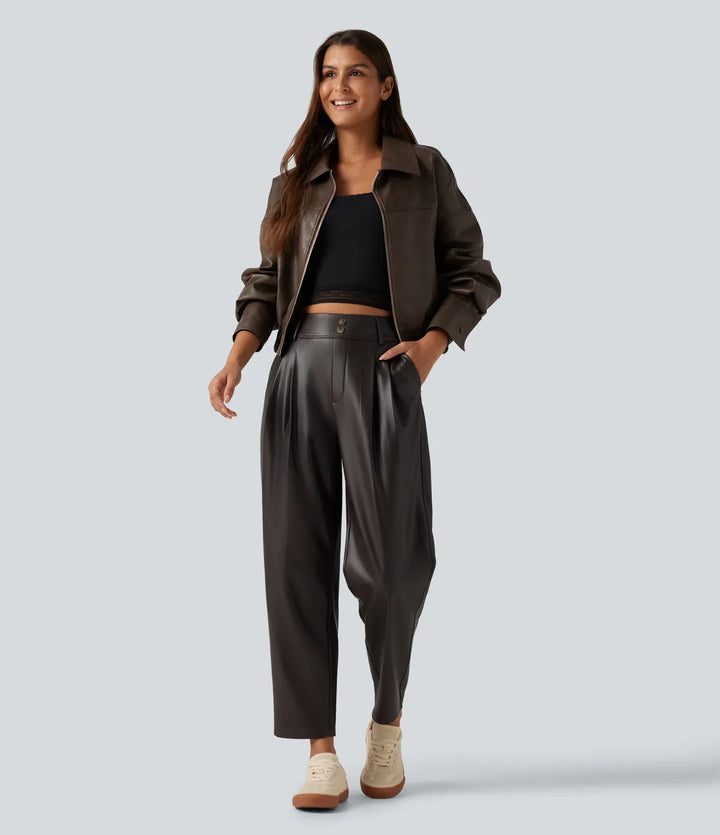 High Waisted Tapered Stretchy PU Fleece Casual Trousers with Pockets