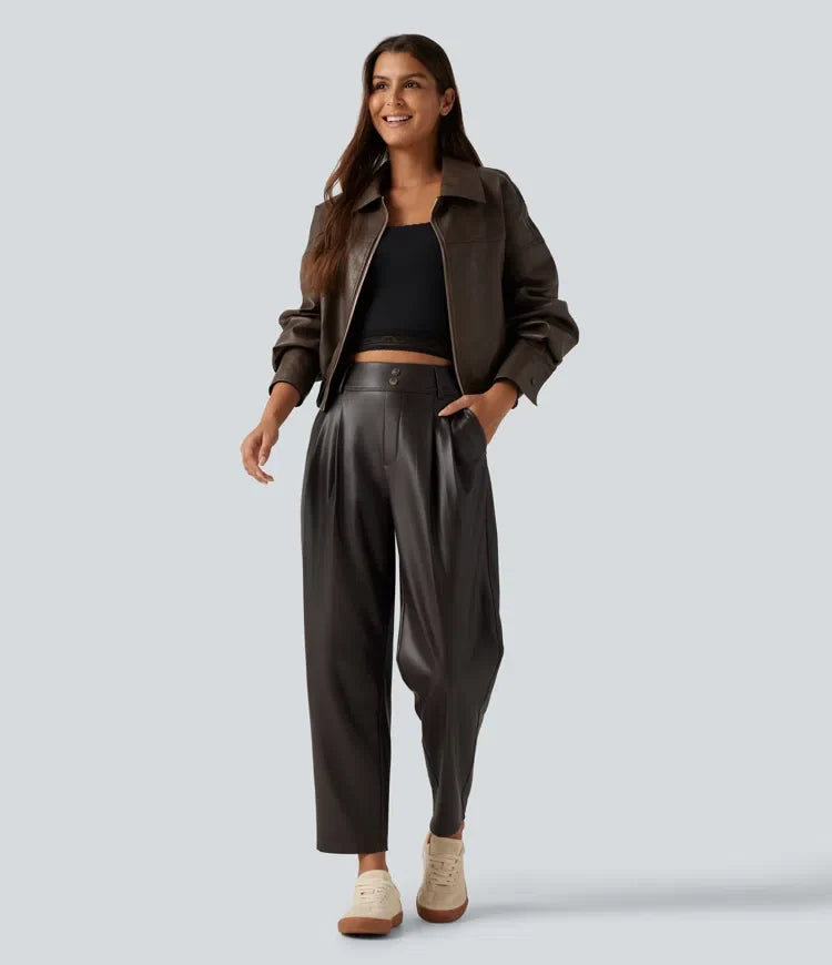 High Waisted Tapered Stretchy PU Fleece Casual Trousers with Pockets