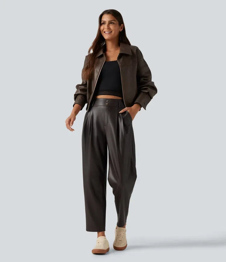 High Waisted Tapered Stretchy PU Fleece Casual Trousers with Pockets