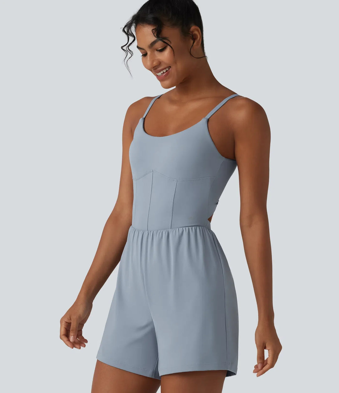 SoftlyZero Airy Twisted Backless Adjustable Straps 2-in-1 Built-in Bra InstantCool Yoga Romper with Pocket-Easy Peezy