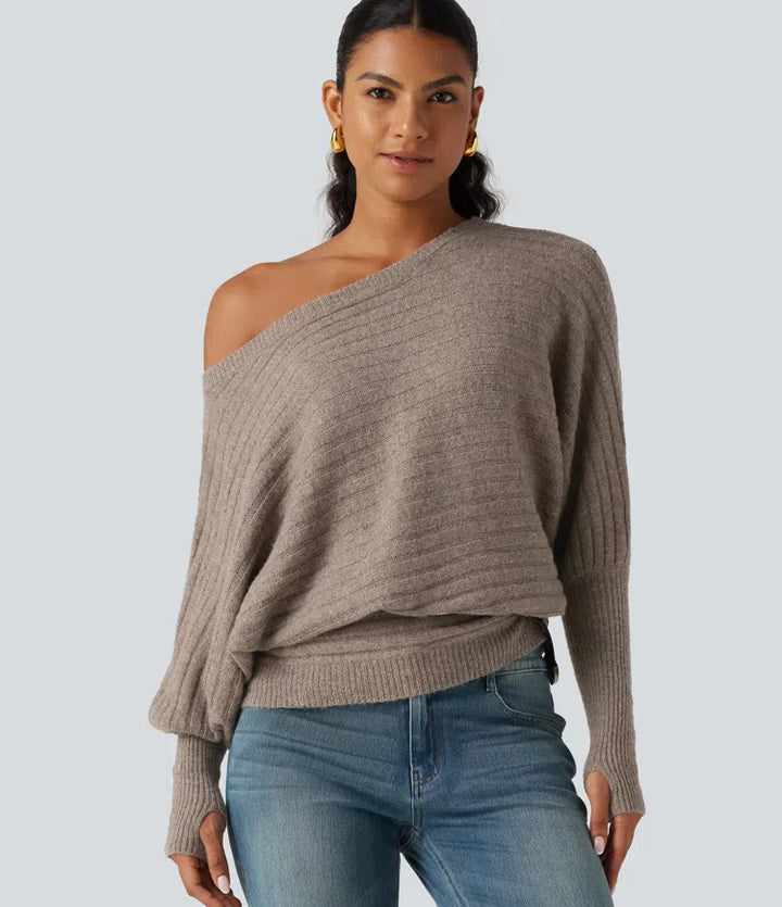 Boat Neck Batwing Long Sleeve Thumb Hole Casual Wool-Blend Jumper