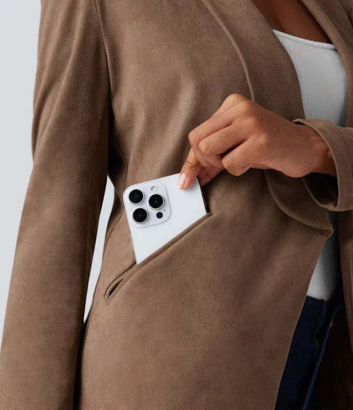 Shawl Collar Suede Work Blazer with Pockets