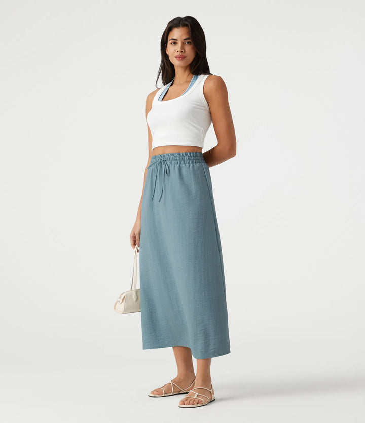 High Waisted Drawstring Maxi Linen-Feel Casual Skirt
