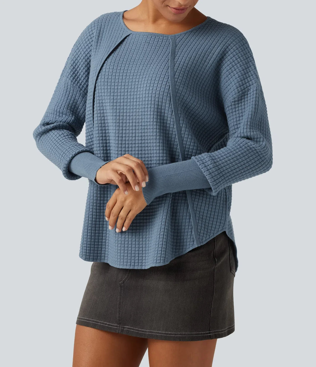 Round Neck Bishop Long Sleeve Curved Hem Casual Jumper