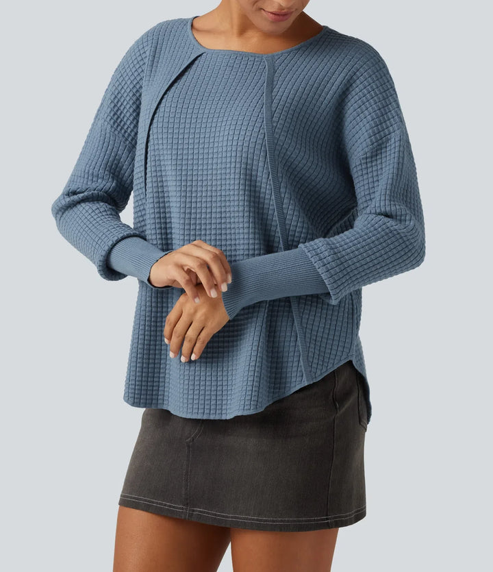 Round Neck Bishop Long Sleeve Curved Hem Casual Jumper